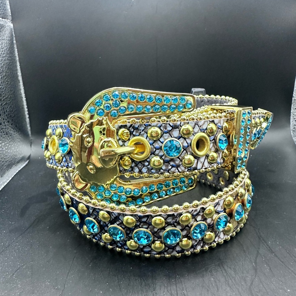 Elite Premium Denim Kids Gold and Blue Rhinestone Belt
